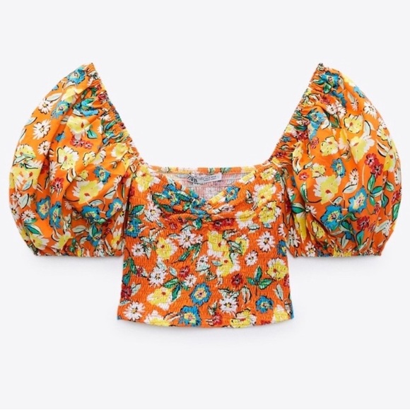 Zara Orange Floral Print Crop Top, size Medium - Picture 1 of 4